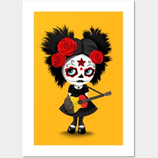 Sugar Skull Girl Playing Belgian Flag Guitar Posters and Art